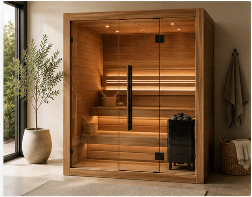 A wooden indoor sauna with glass doors, built-in wooden steps, warm ambient lighting, and a black sauna stove on the right side, shown in a styled bathroom setting with a plant, towel, and basket.