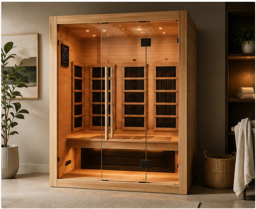 A wooden indoor sauna with glass doors, interior LED lighting, a bench, and wood-paneled walls, shown in a styled room setting with a plant, framed art, shelving, and a towel.